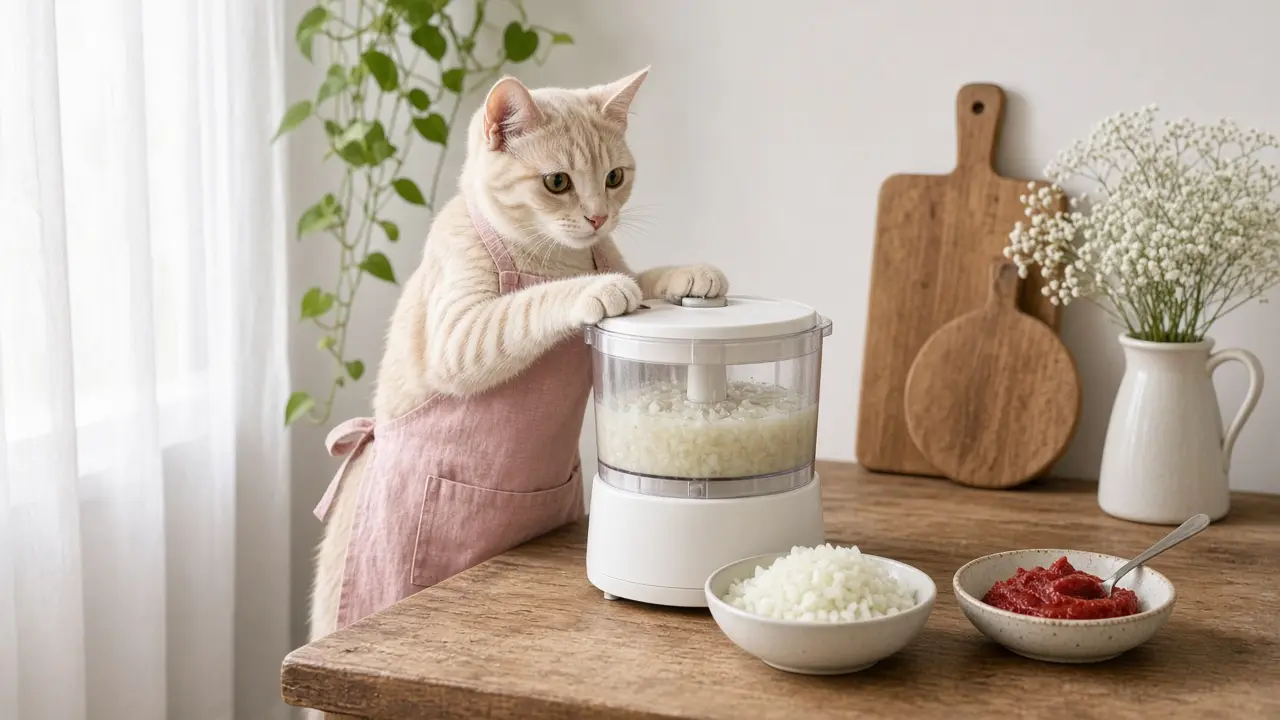 A cream-coloured cat in a pink apron, cooking this dish