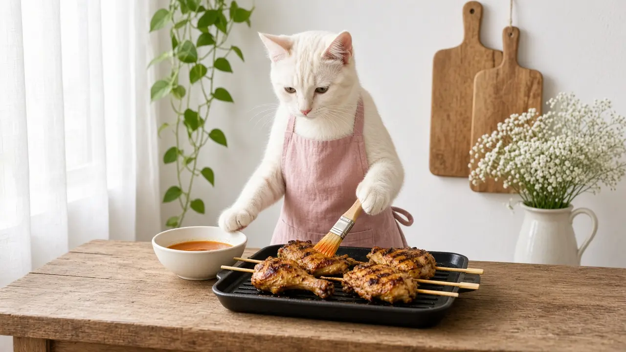 A cream-coloured cat in a pink apron, cooking this dish