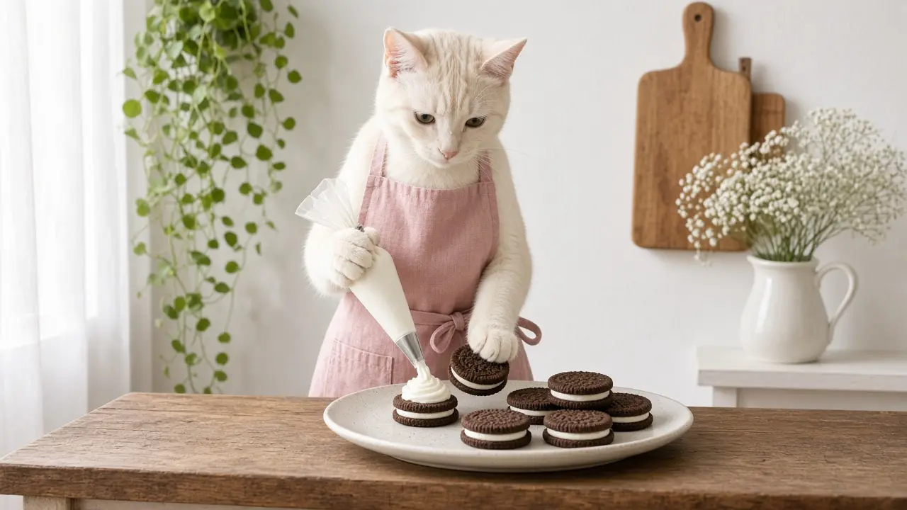 A cream-coloured cat in a pink apron, cooking this dish
