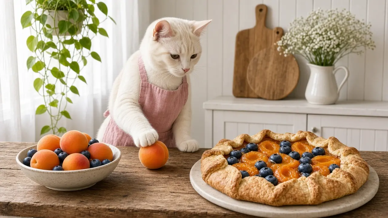 A cream-coloured cat in a pink apron, cooking this dish