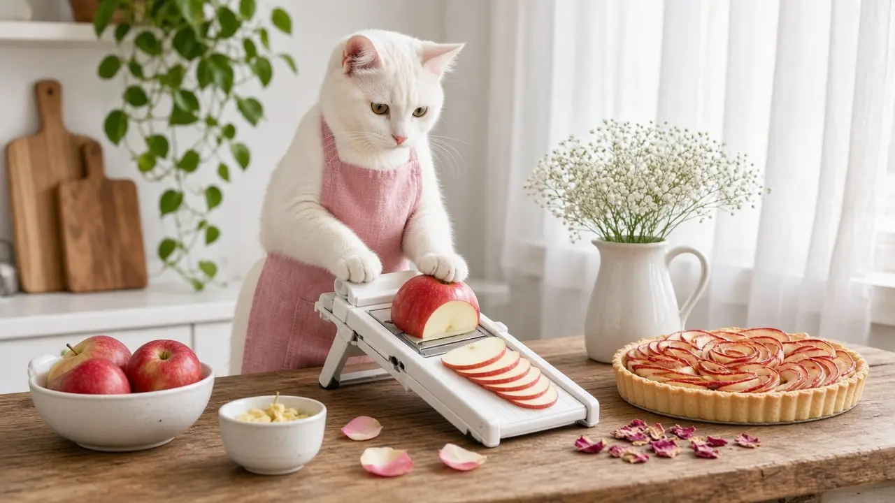 A cream-coloured cat in a pink apron, cooking this dish