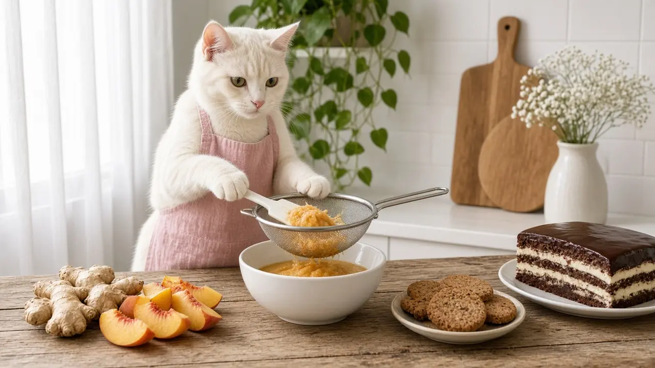 A cream-coloured cat in a pink apron, cooking this dish