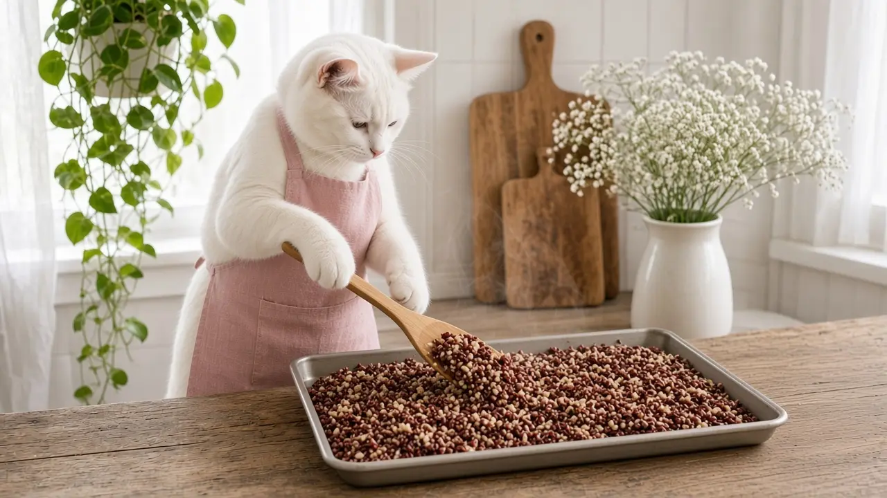 A cream-coloured cat in a pink apron, cooking this dish