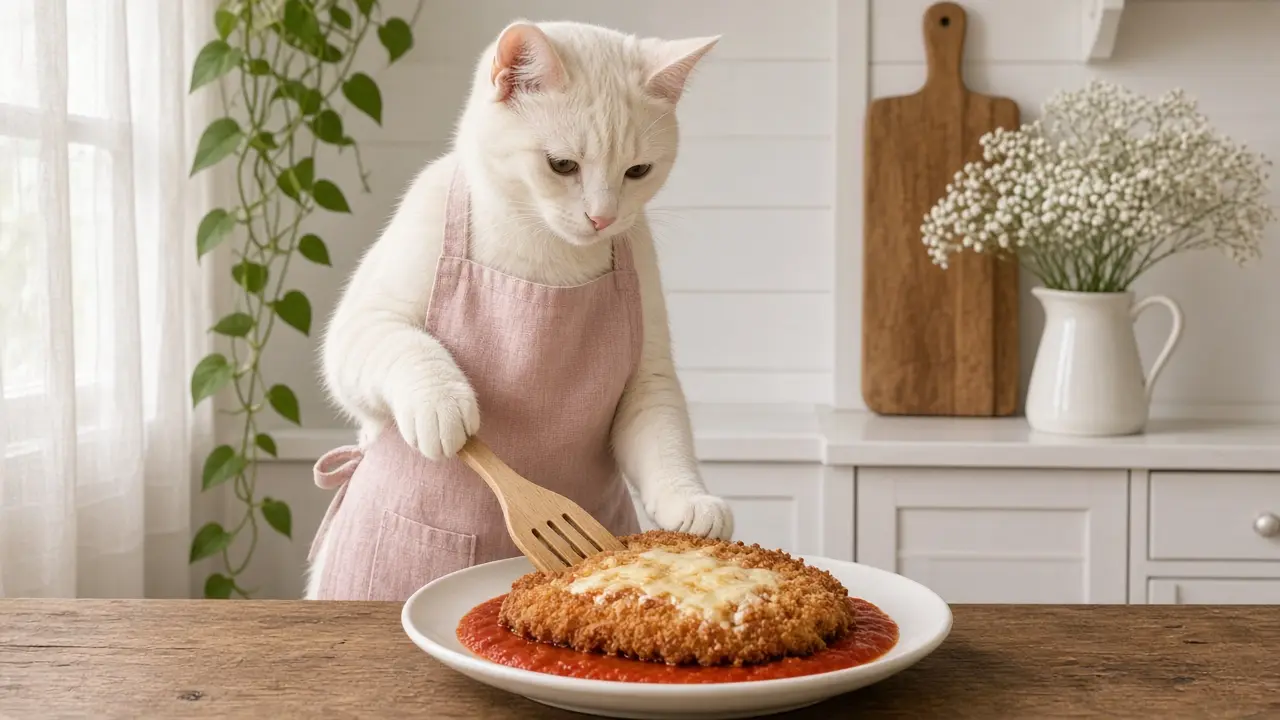 A cream-coloured cat in a pink apron, cooking this dish