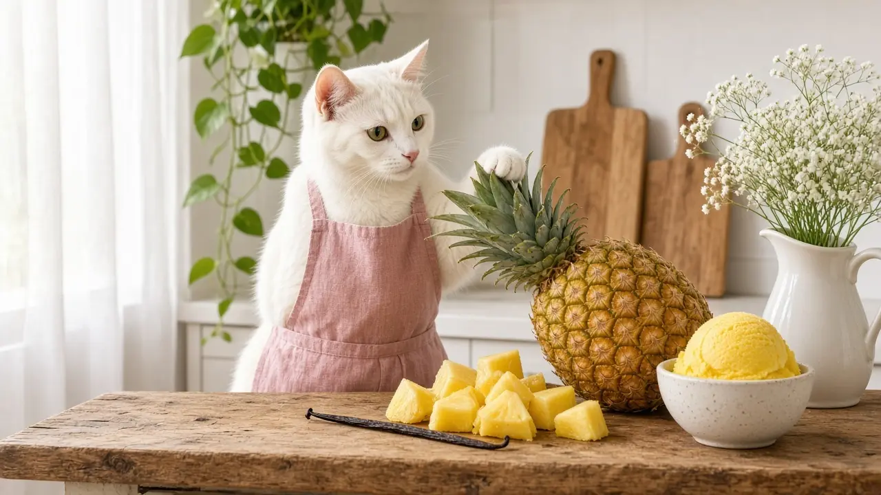 A cream-coloured cat in a pink apron, cooking this dish