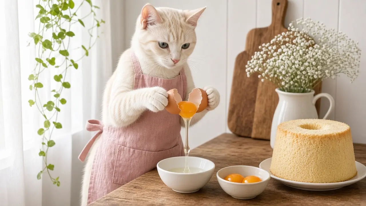 A cream-coloured cat in a pink apron, cooking this dish