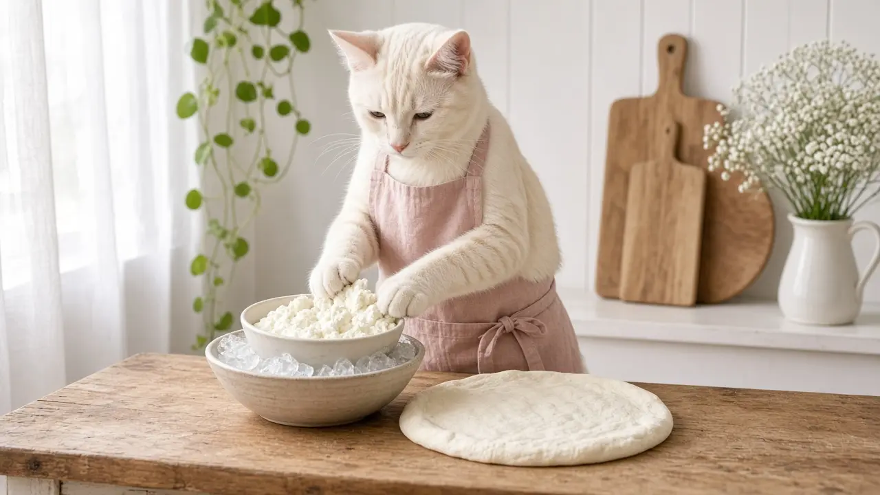 A cream-coloured cat in a pink apron, cooking this dish