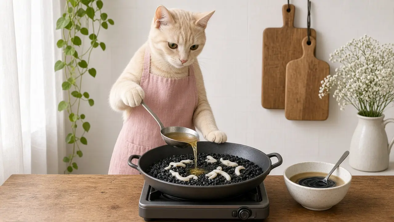 A cream-coloured cat in a pink apron, cooking this dish