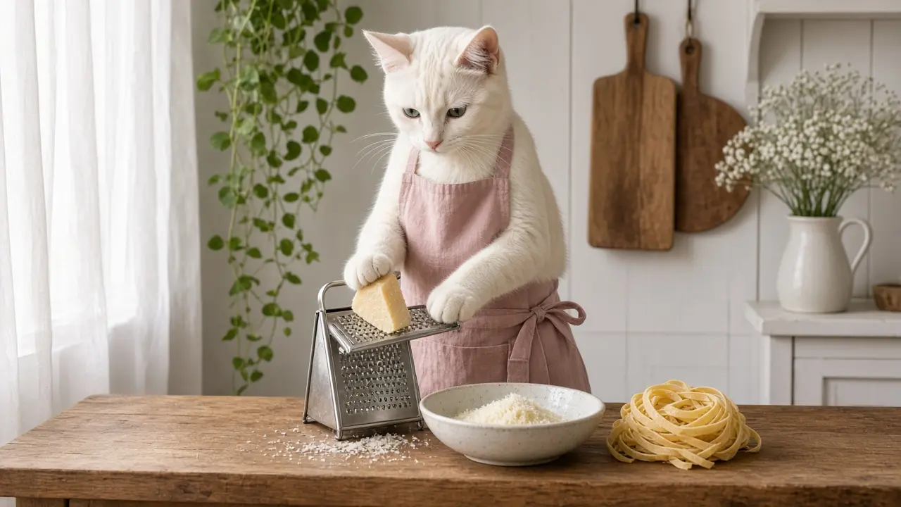 A cream-coloured cat in a pink apron, cooking this dish