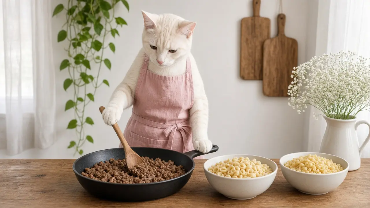 A cream-coloured cat in a pink apron, cooking this dish