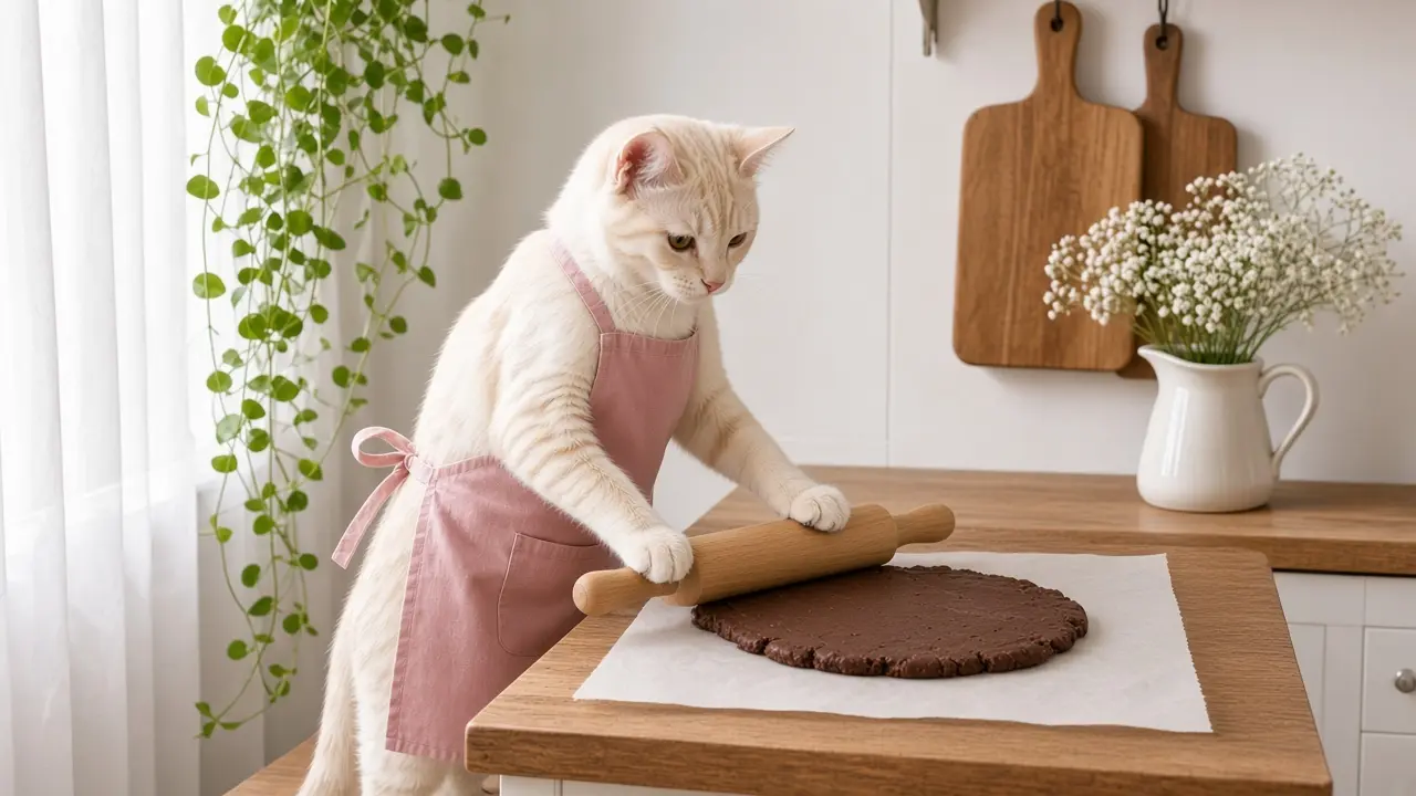 A cream-coloured cat in a pink apron, cooking this dish