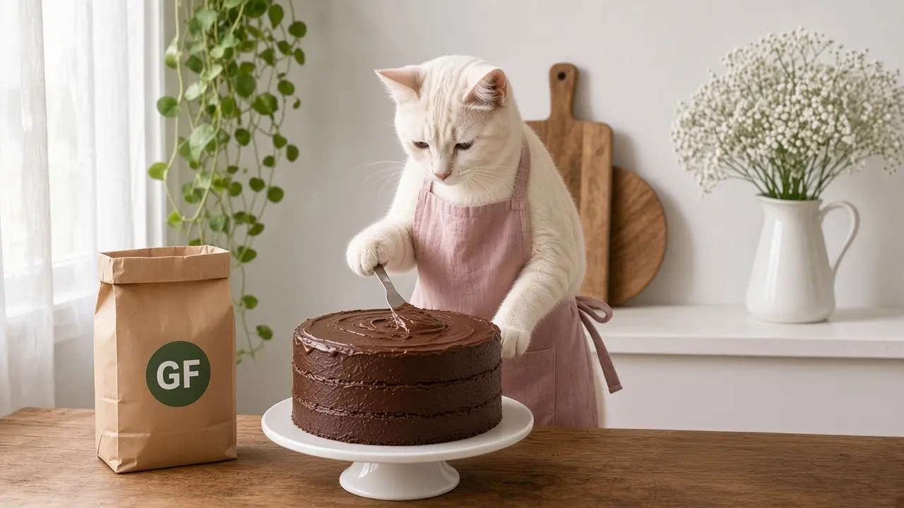A cream-coloured cat in a pink apron, cooking this dish