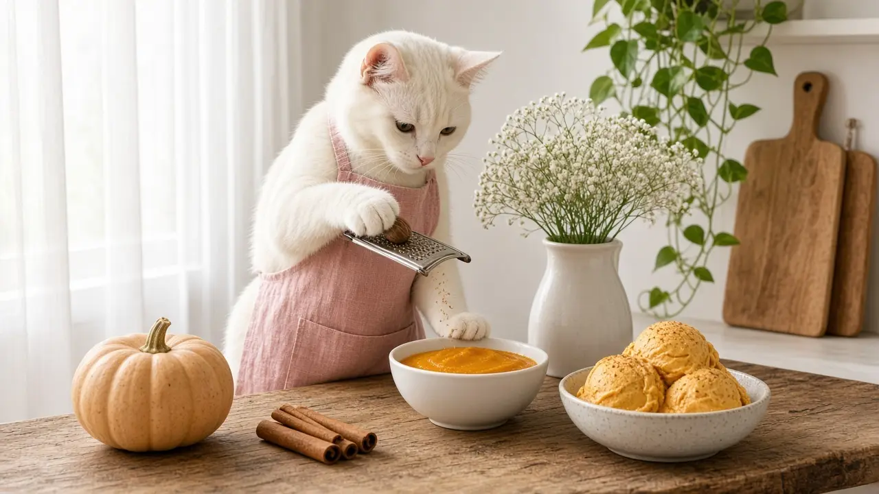 A cream-coloured cat in a pink apron, cooking this dish