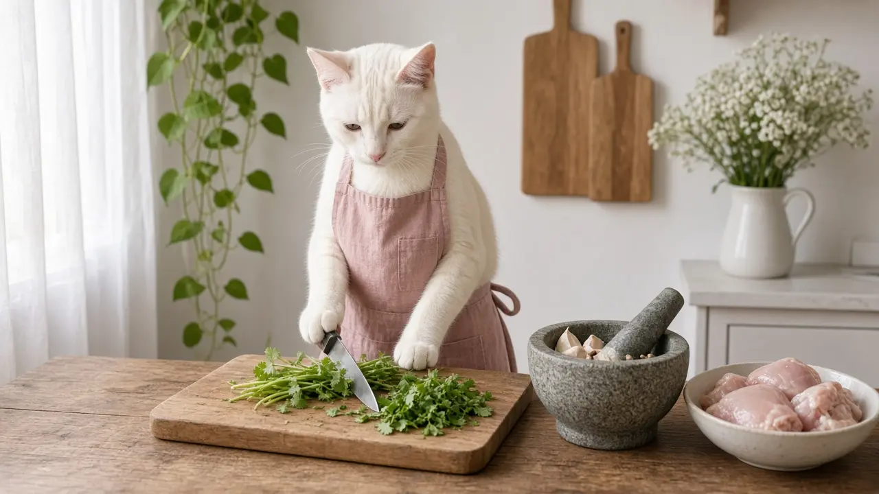 A cream-coloured cat in a pink apron, cooking this dish