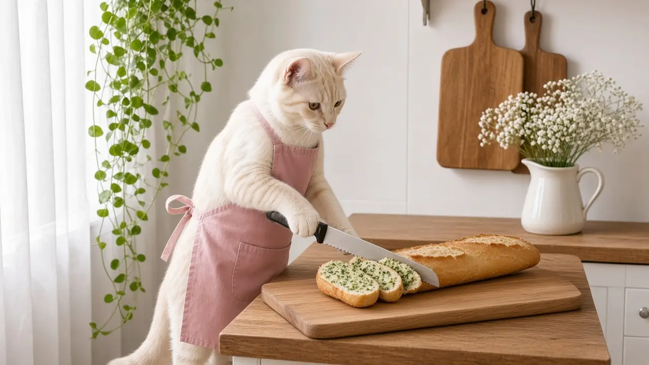 A cream-coloured cat in a pink apron, cooking this dish