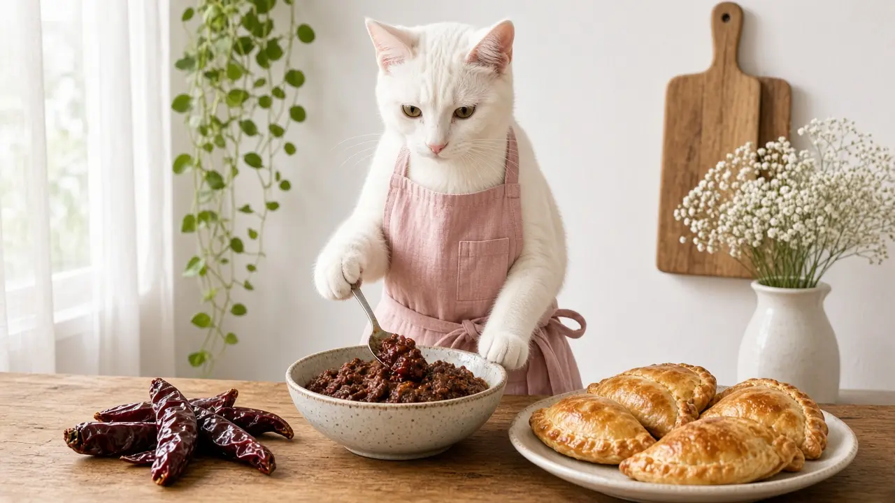 A cream-coloured cat in a pink apron, cooking this dish