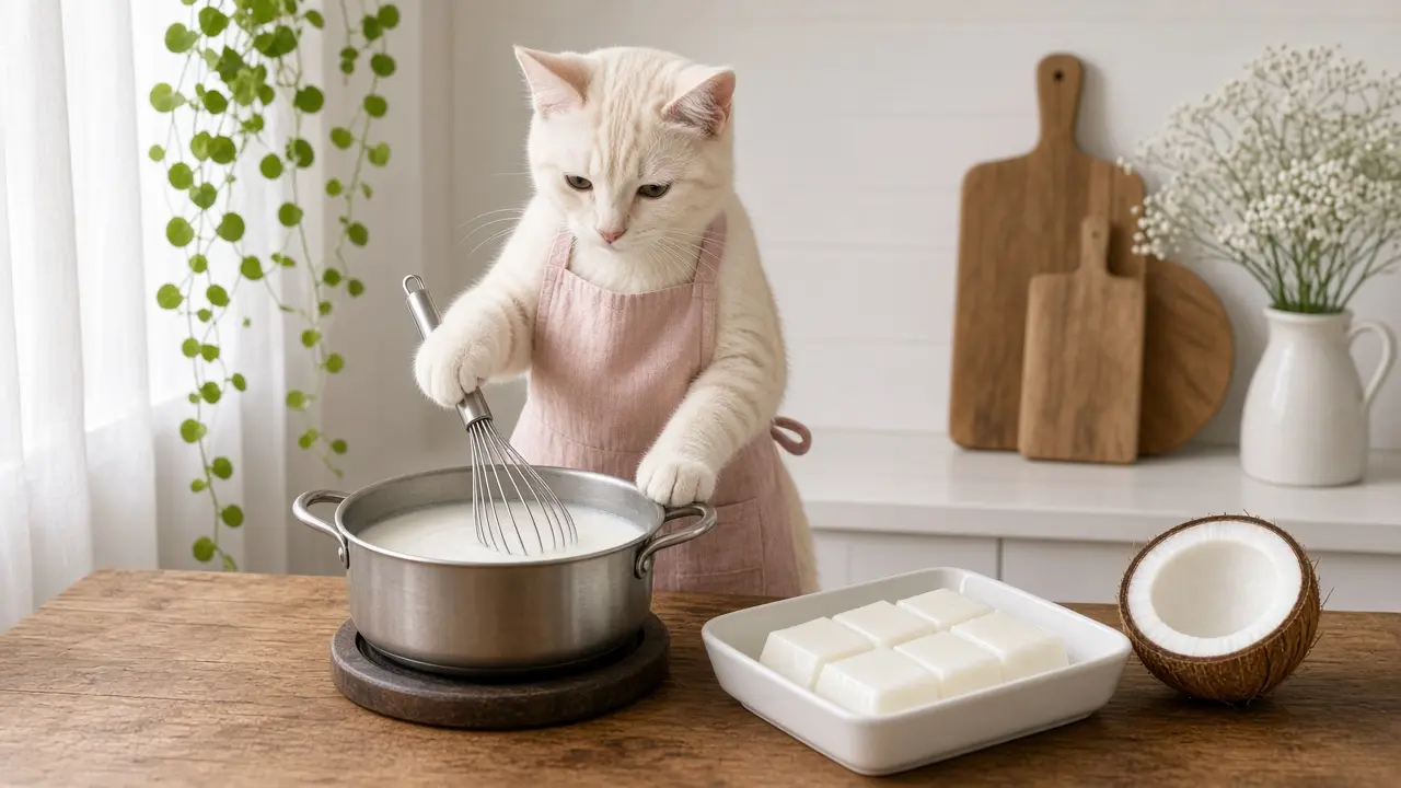 A cream-coloured cat in a pink apron, cooking this dish