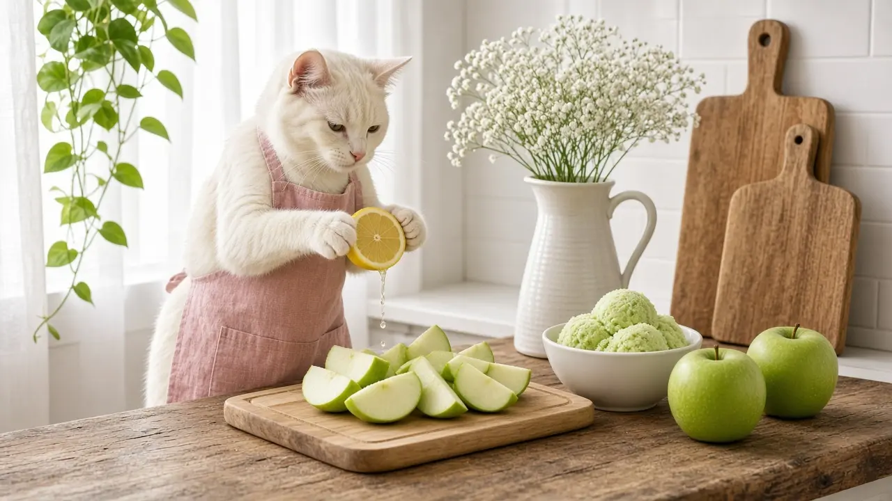A cream-coloured cat in a pink apron, cooking this dish