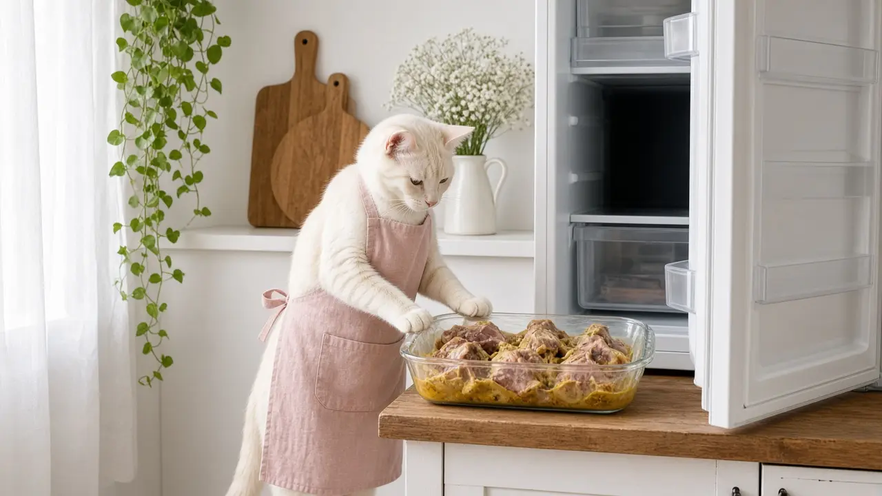 A cream-coloured cat in a pink apron, cooking this dish