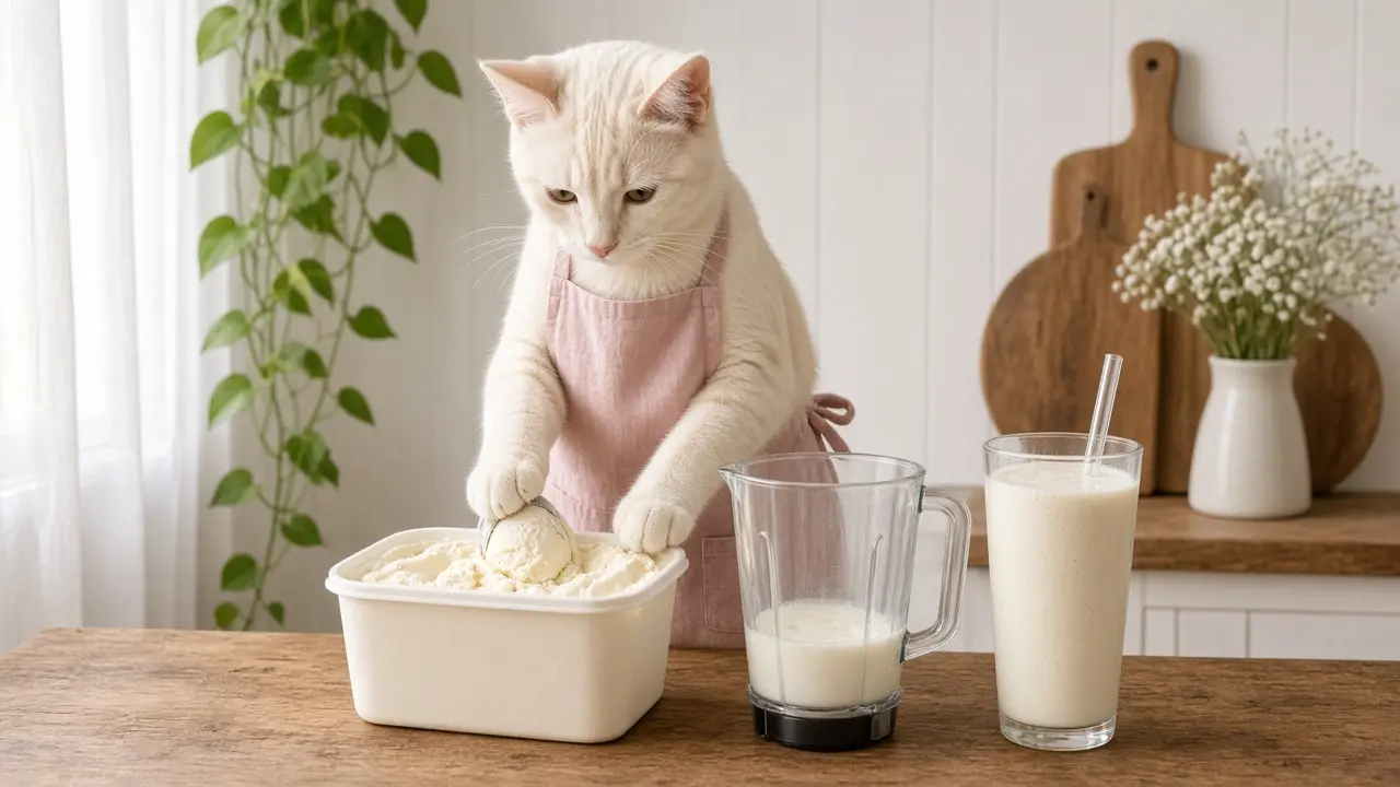 A cream-coloured cat in a pink apron, cooking this dish