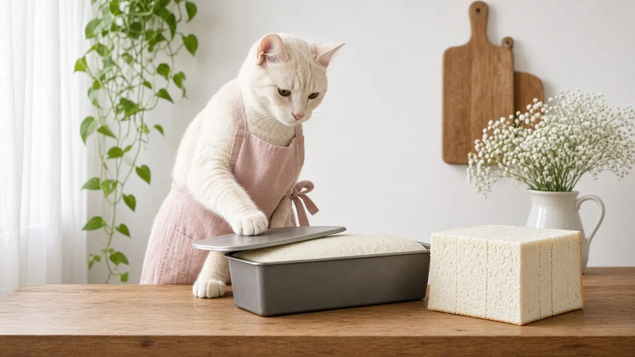 A cream-coloured cat in a pink apron, cooking this dish