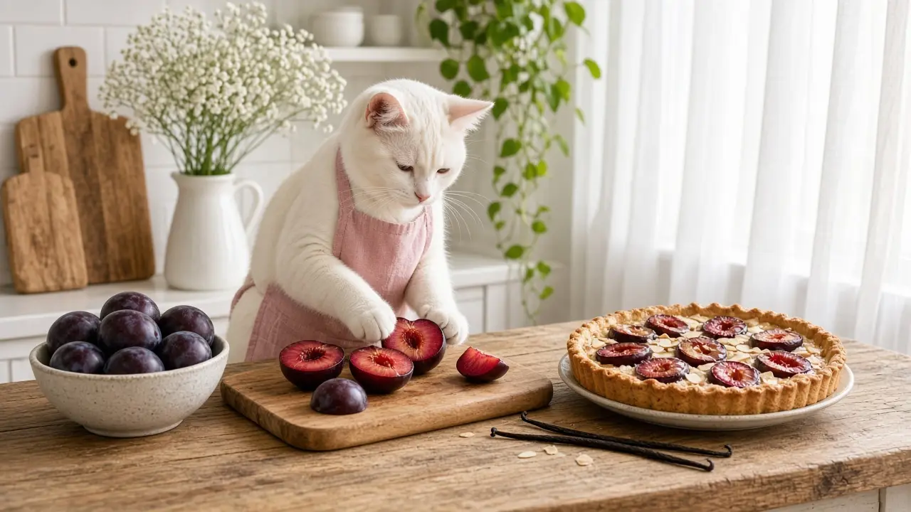 A cream-coloured cat in a pink apron, cooking this dish