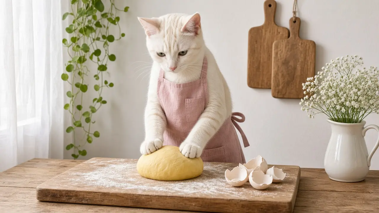 A cream-coloured cat in a pink apron, cooking this dish