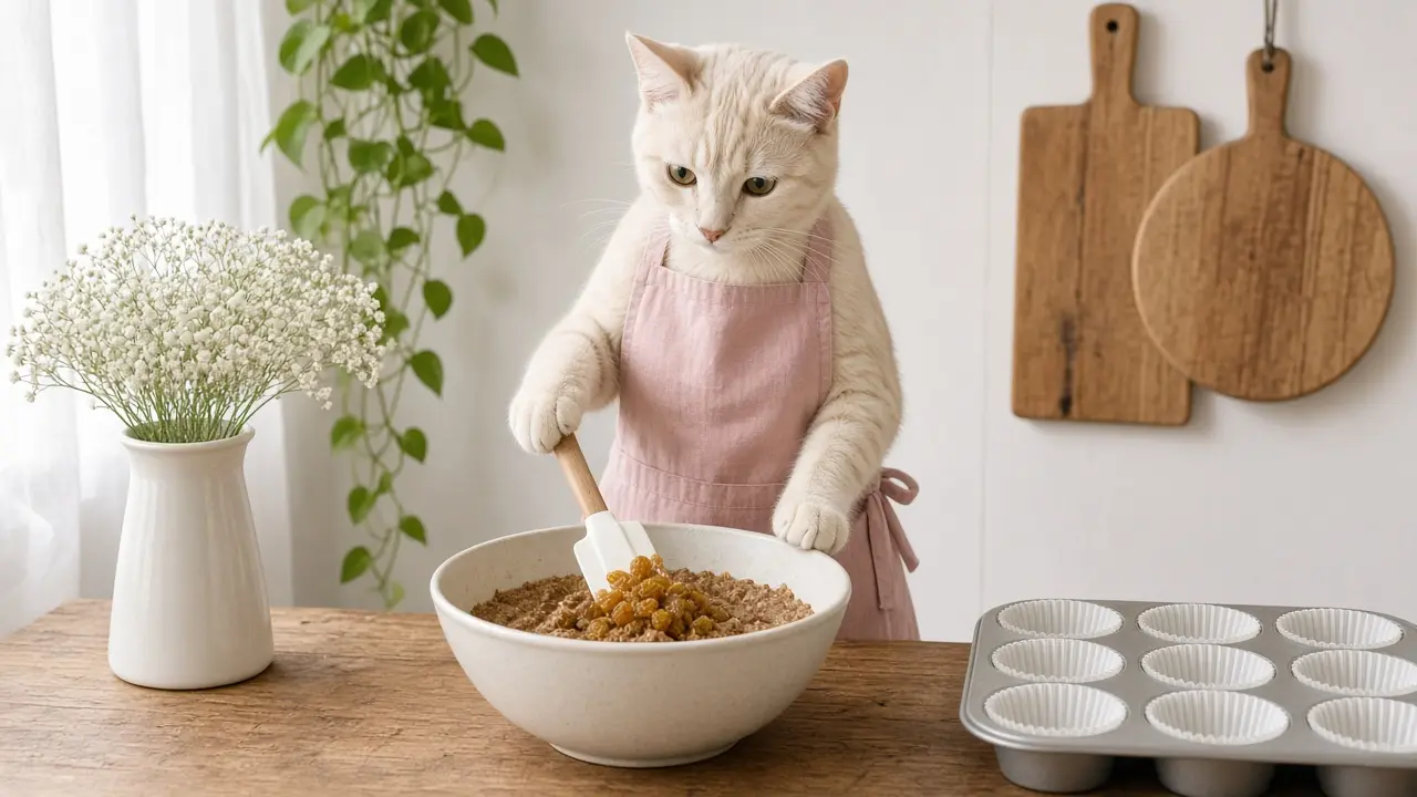 A cream-coloured cat in a pink apron, cooking this dish