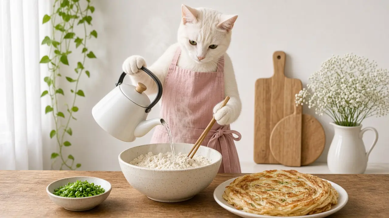 A cream-coloured cat in a pink apron, cooking this dish