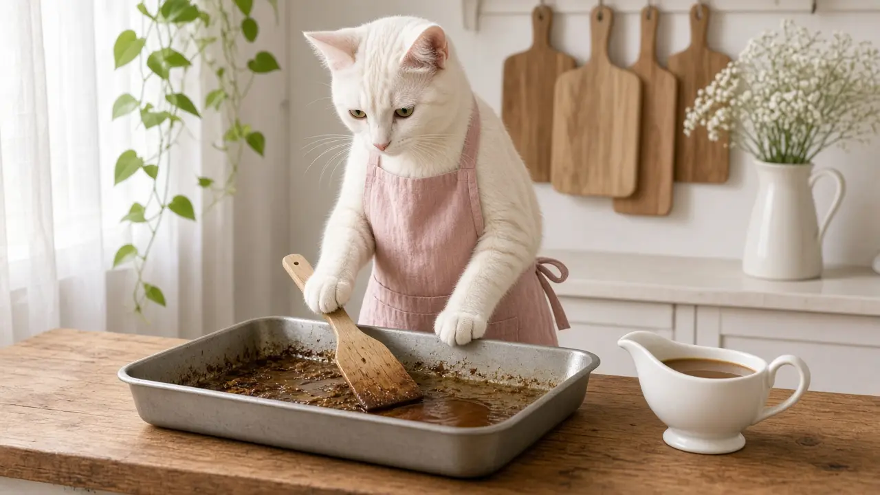 A cream-coloured cat in a pink apron, cooking this dish