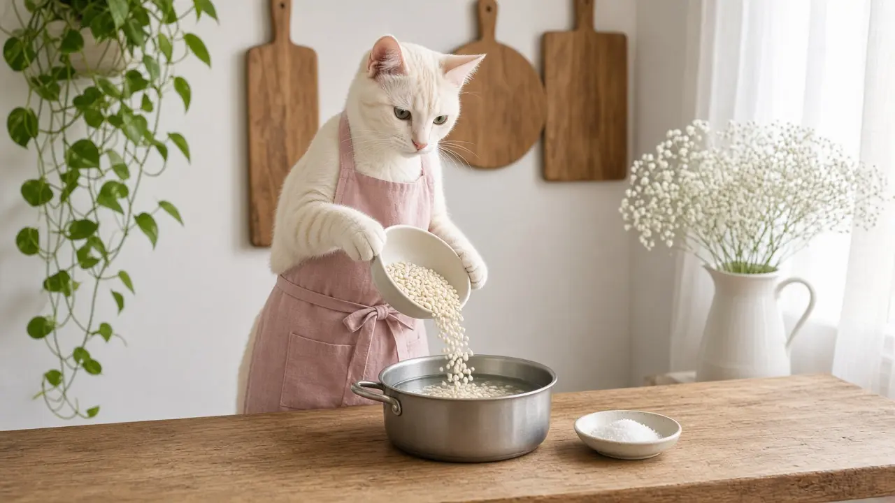 A cream-coloured cat in a pink apron, cooking this dish