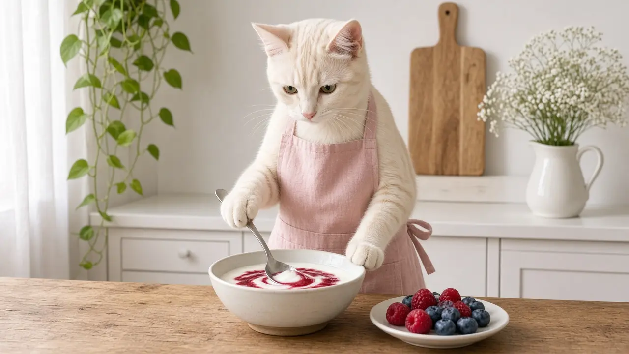 A cream-coloured cat in a pink apron, cooking this dish