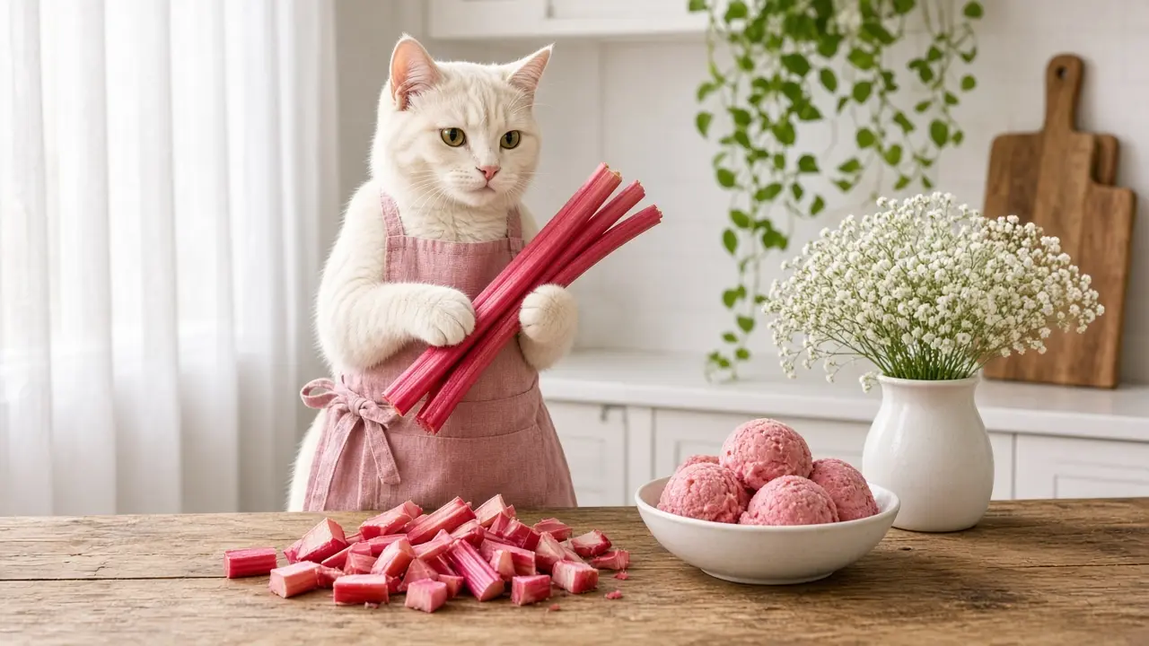 A cream-coloured cat in a pink apron, cooking this dish