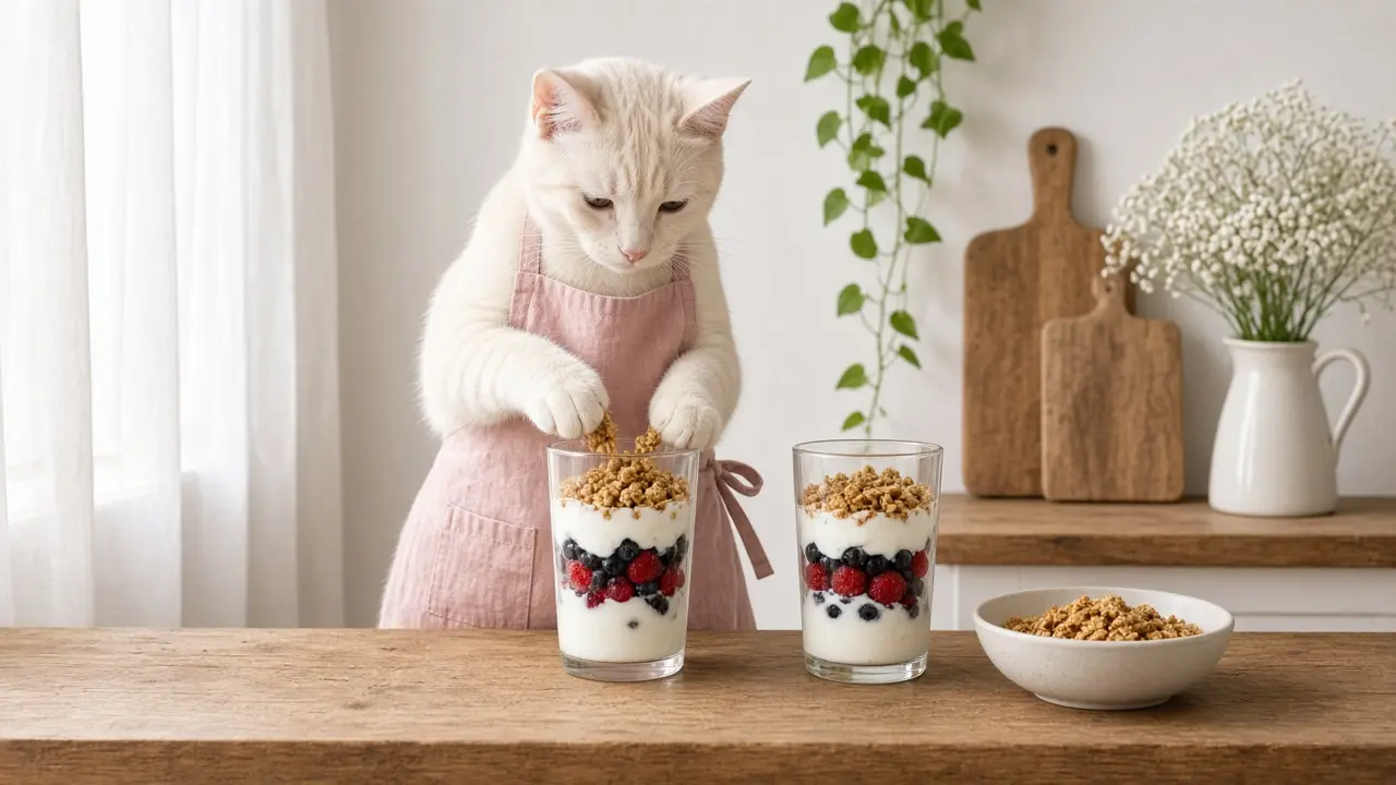 A cream-coloured cat in a pink apron, cooking this dish