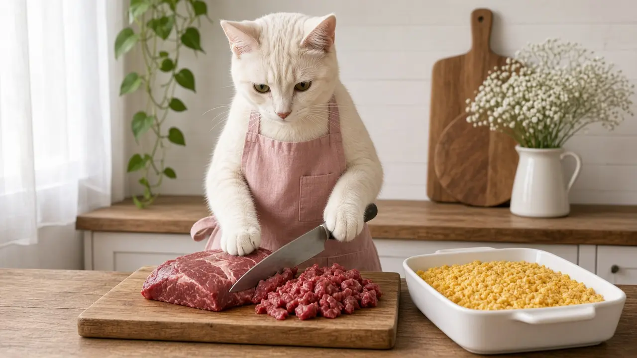 A cream-coloured cat in a pink apron, cooking this dish