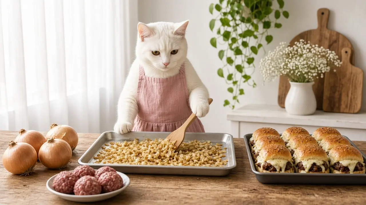 A cream-coloured cat in a pink apron, cooking this dish