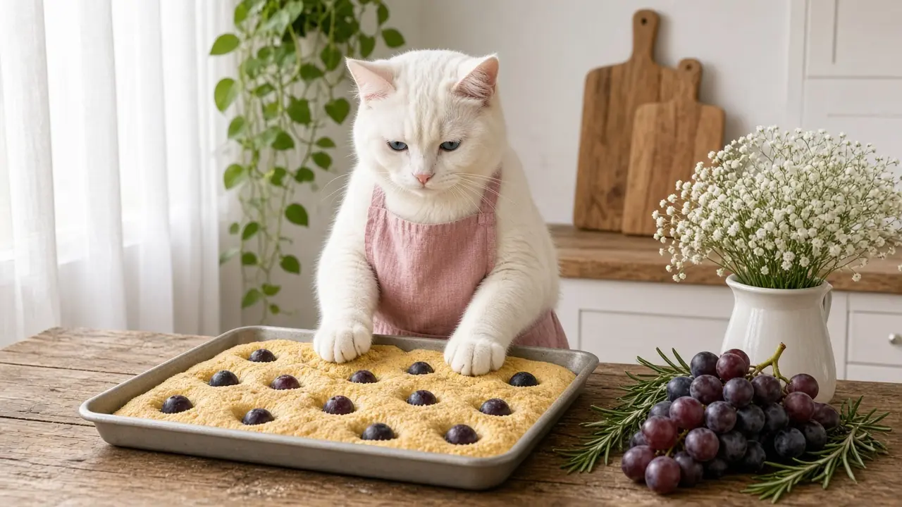 A cream-coloured cat in a pink apron, cooking this dish
