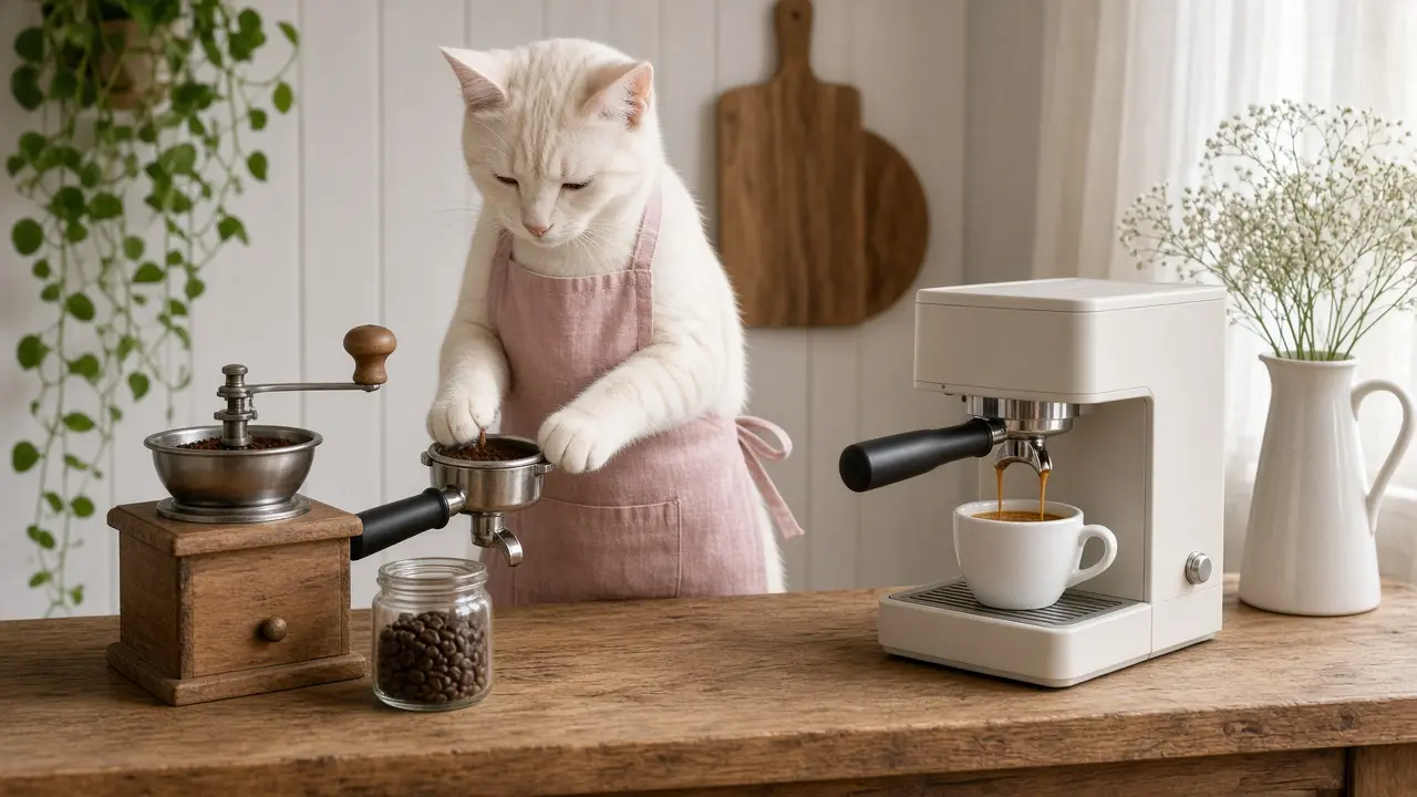 A cream-coloured cat in a pink apron, cooking this dish