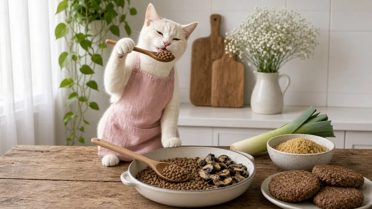 A cream-coloured cat in a pink apron, cooking this dish