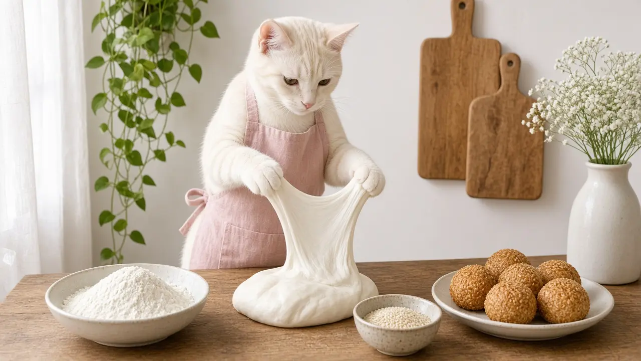 A cream-coloured cat in a pink apron, cooking this dish