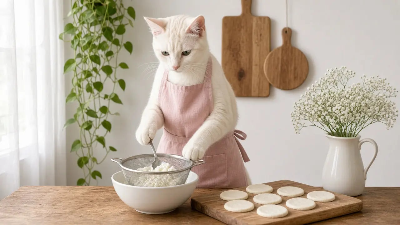 A cream-coloured cat in a pink apron, cooking this dish