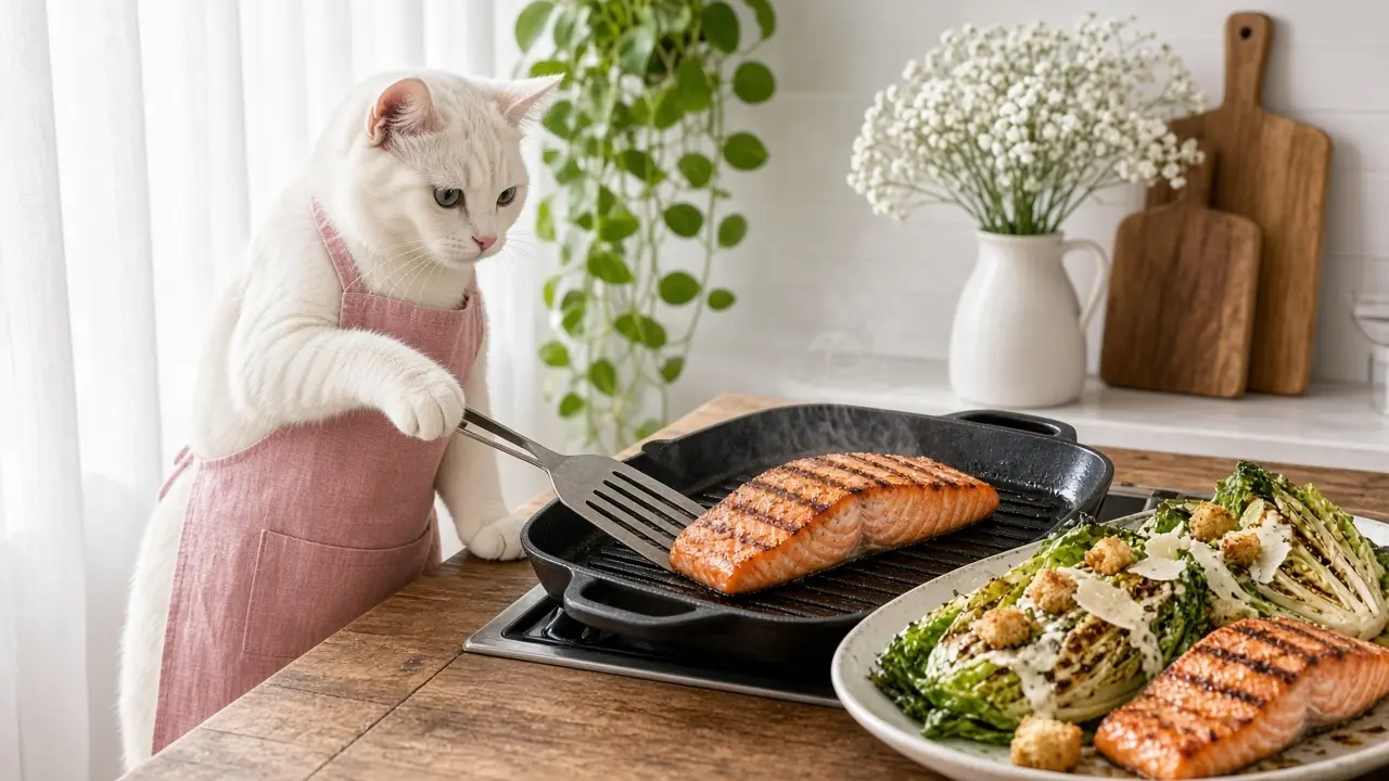 A cream-coloured cat in a pink apron, cooking this dish