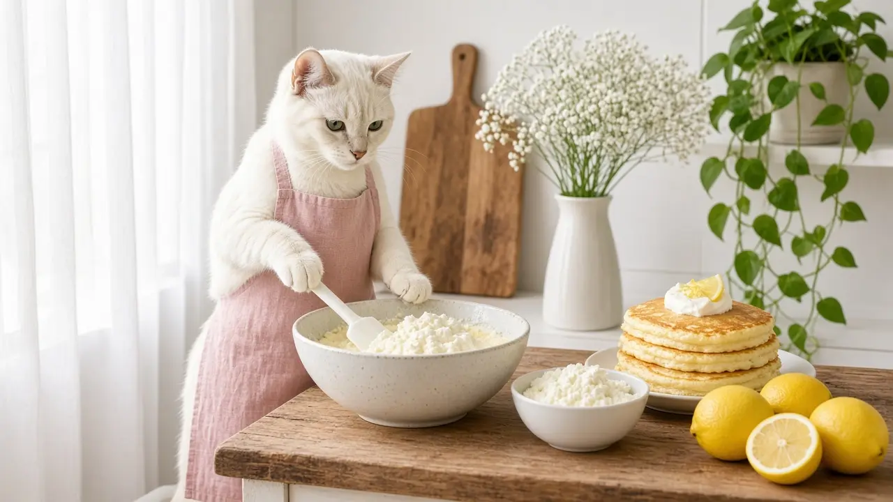 A cream-coloured cat in a pink apron, cooking this dish