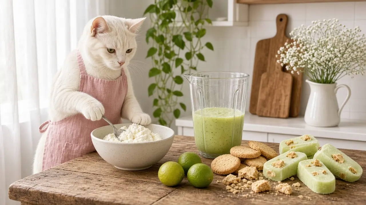 A cream-coloured cat in a pink apron, cooking this dish