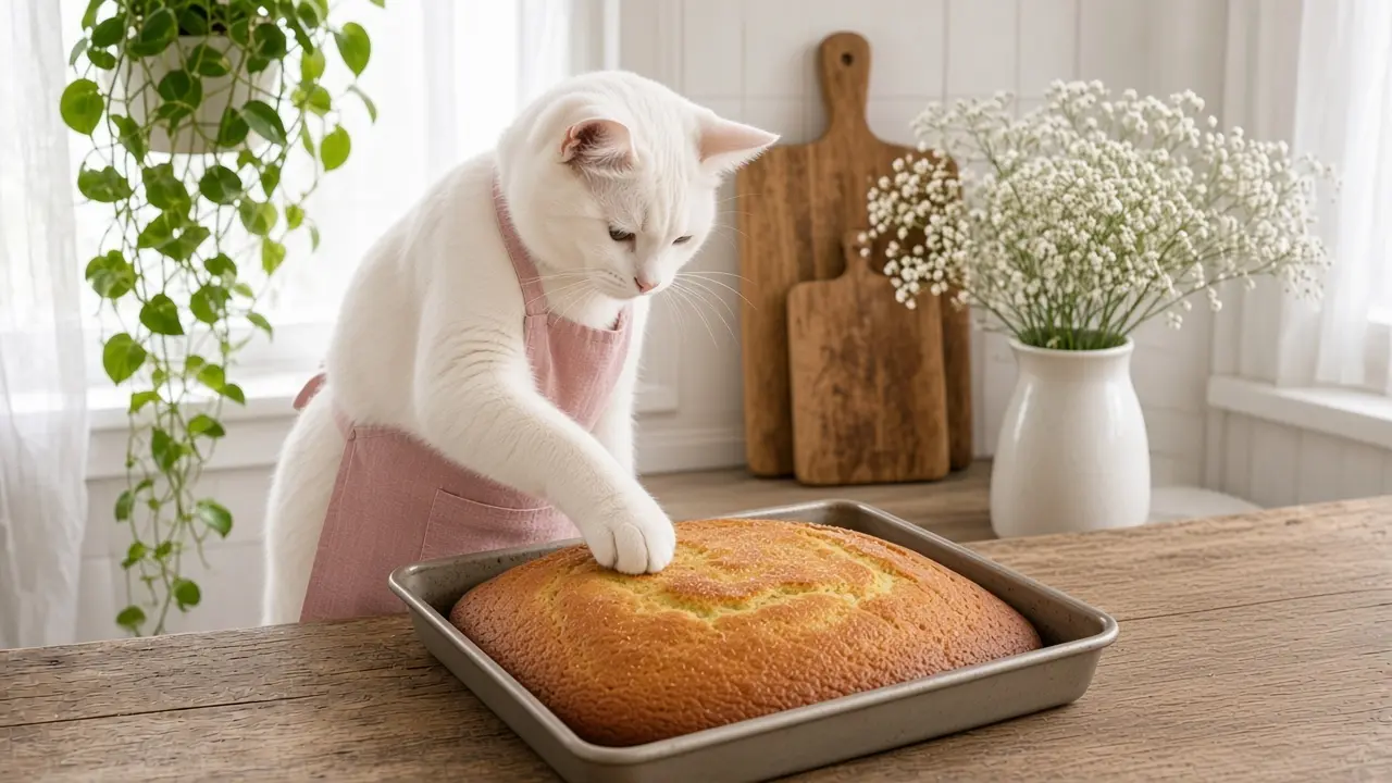 A cream-coloured cat in a pink apron, cooking this dish