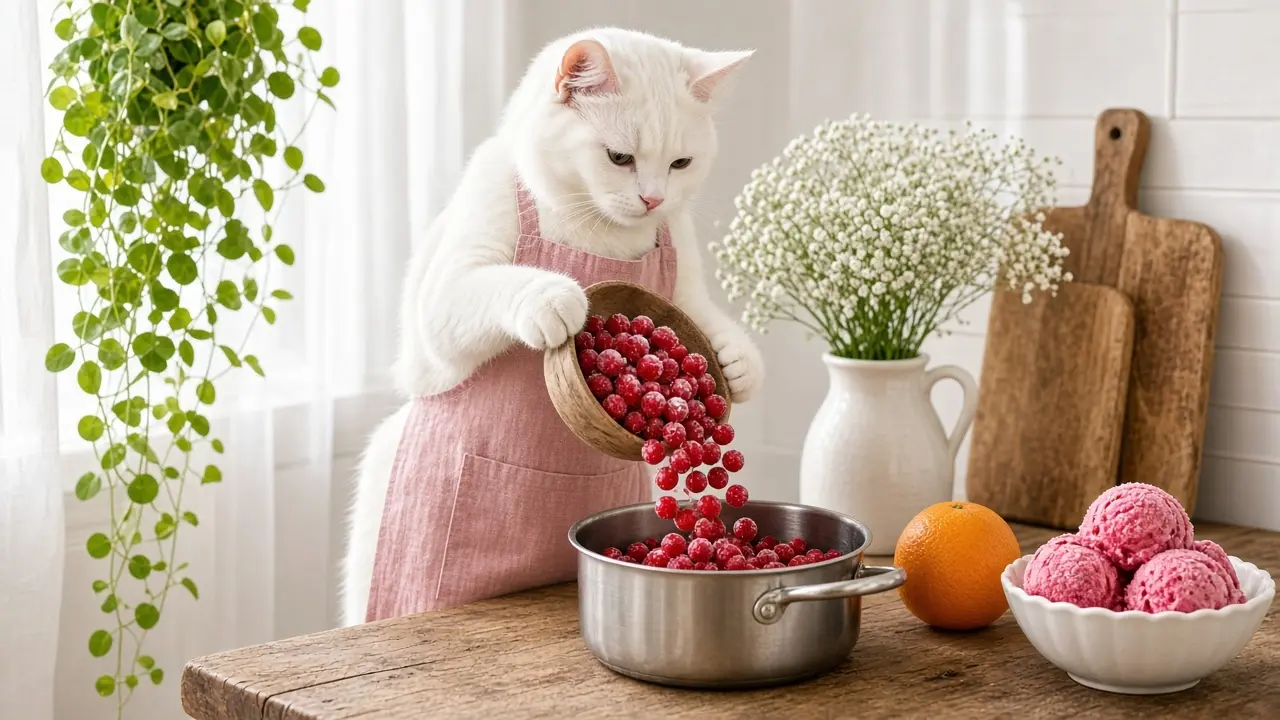 A cream-coloured cat in a pink apron, cooking this dish