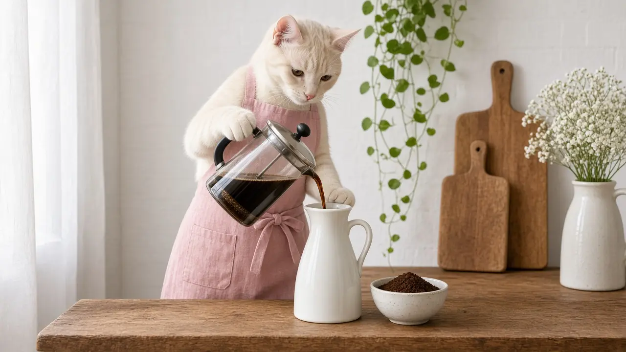 A cream-coloured cat in a pink apron, cooking this dish