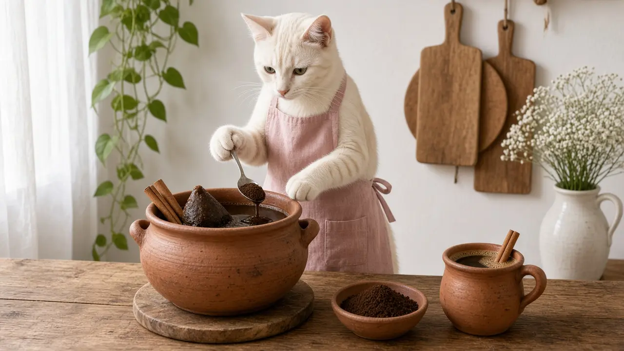A cream-coloured cat in a pink apron, cooking this dish