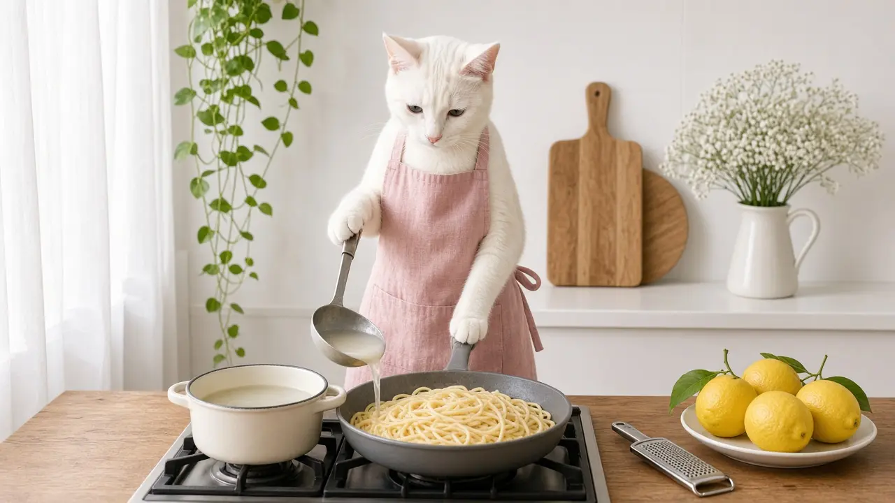 A cream-coloured cat in a pink apron, cooking this dish