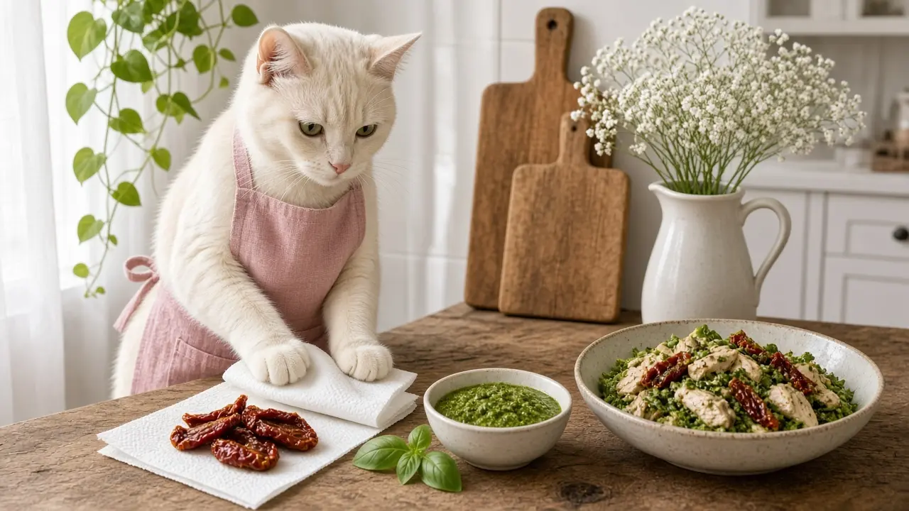 A cream-coloured cat in a pink apron, cooking this dish